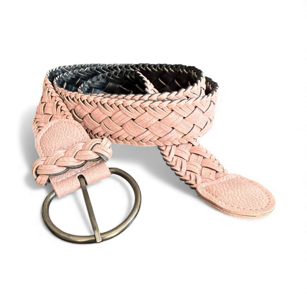 Women’s Braided Pink Vegan Leather Belt M/L Size 10 1.5” Wide Silver Buckle